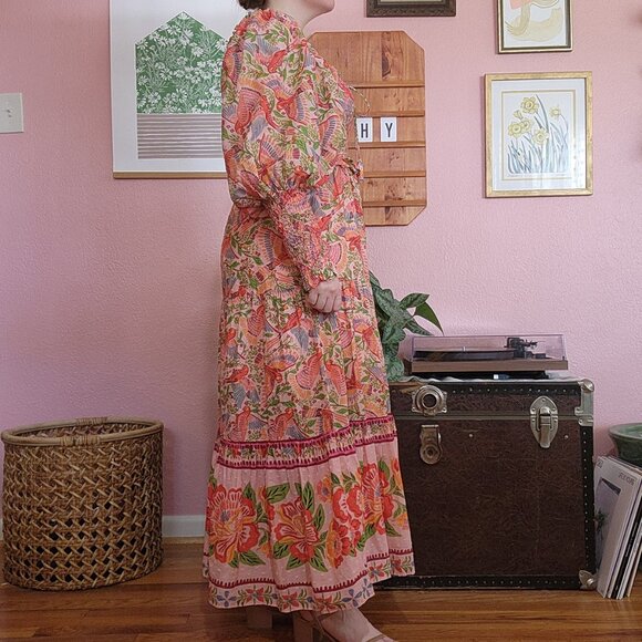 FARM Rio Pink Floral Macaw Print Puff Sleeve Midi Dress Size M - Picture 3 of 17